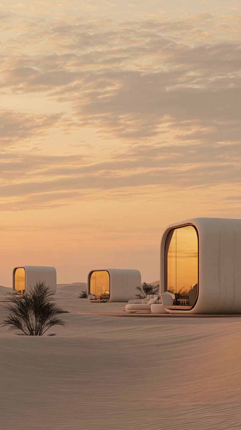 Футуристические минималистичные капсульные дома в пустынном пейзаже