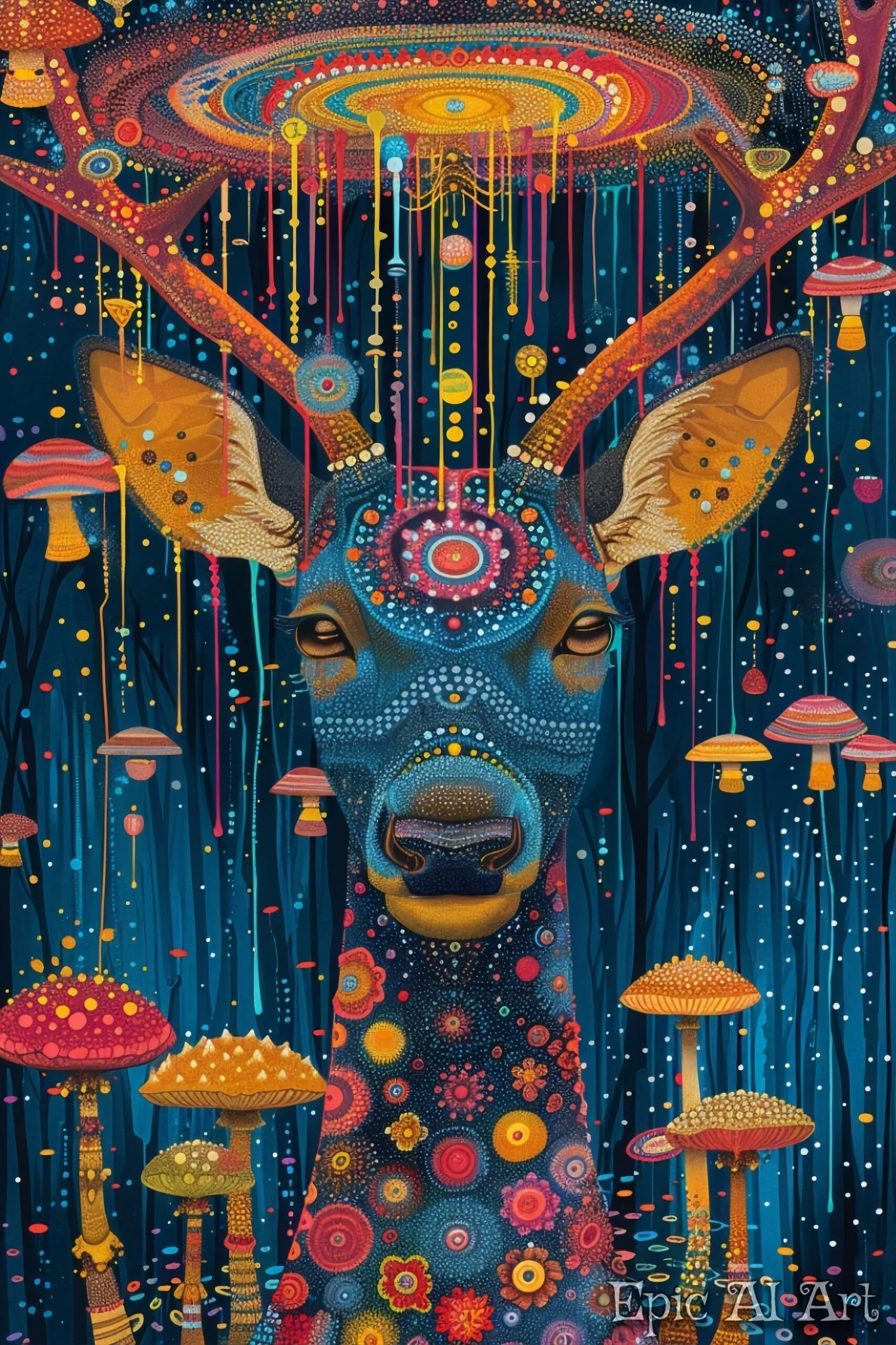 Dreamlike Deer with Cosmic Patterns – Psychedelic Animal Art, Whimsical Decor, Surreal Illustration, Colorful Fantasy Deer Print