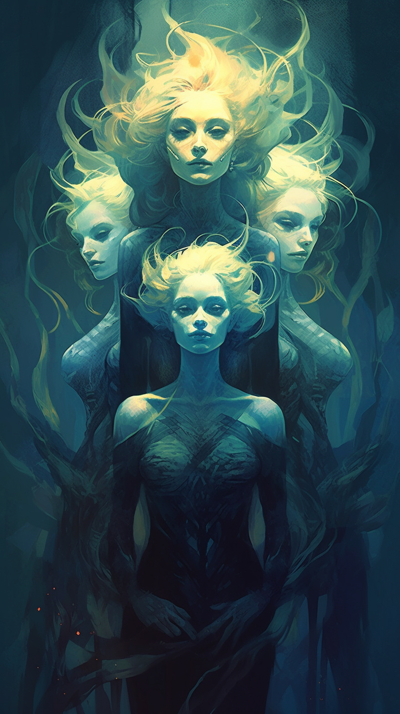 a painting of a group of women with hair blowing in the wind