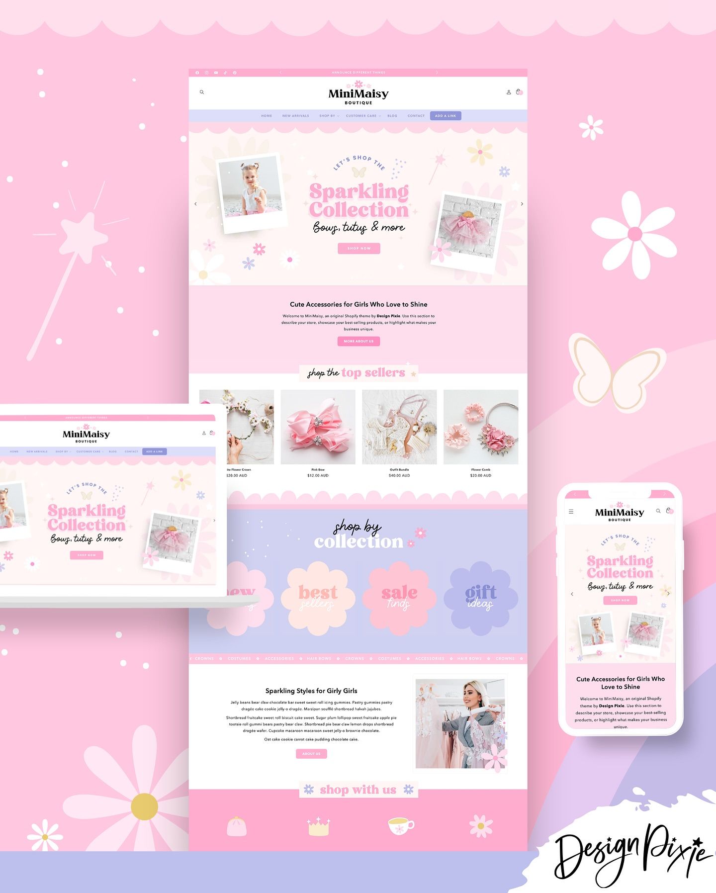 Pretty Pink and Girly Website Design for hair bow stores