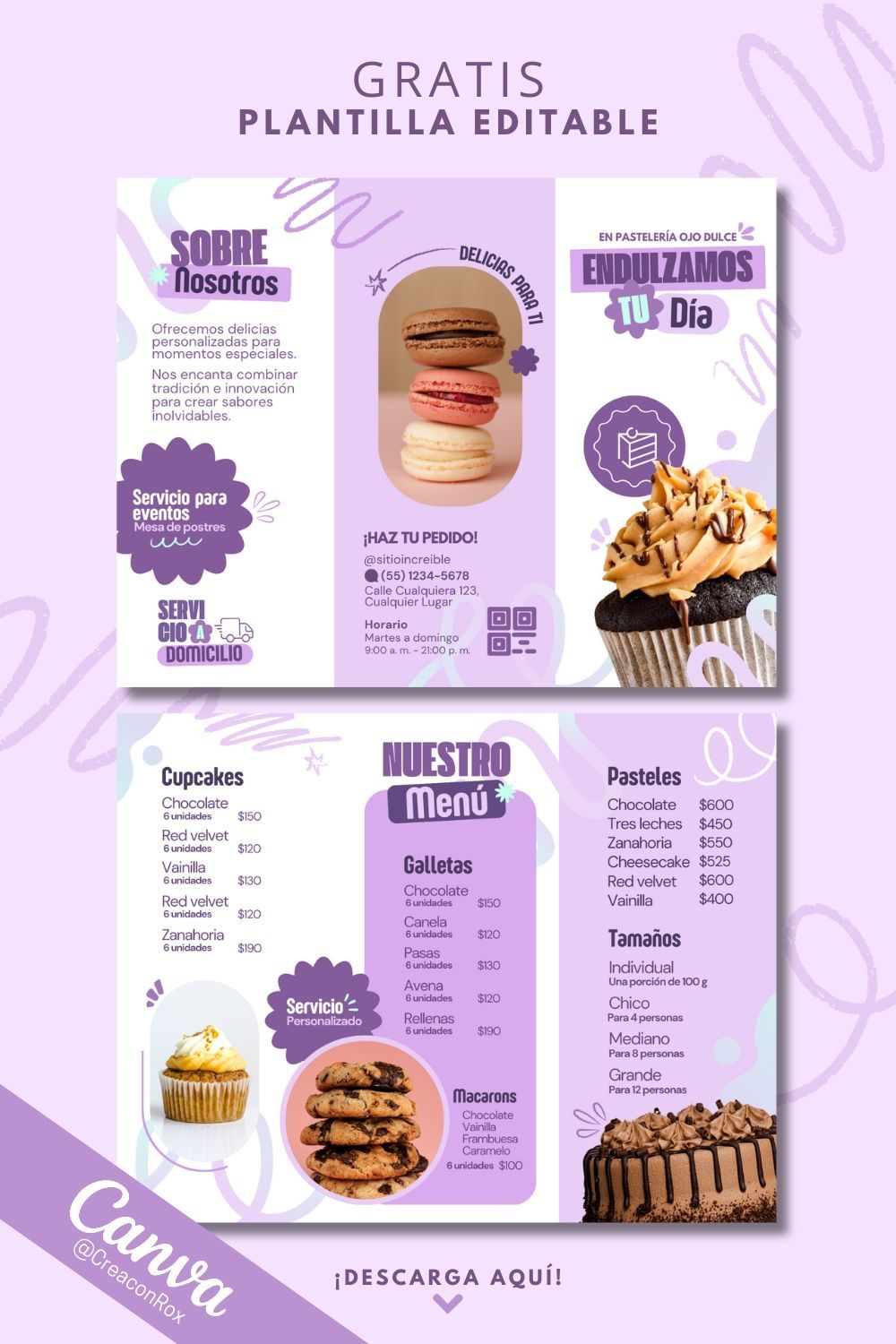 Plantilla Folleto Tríptico Pastelería Lindo Morado