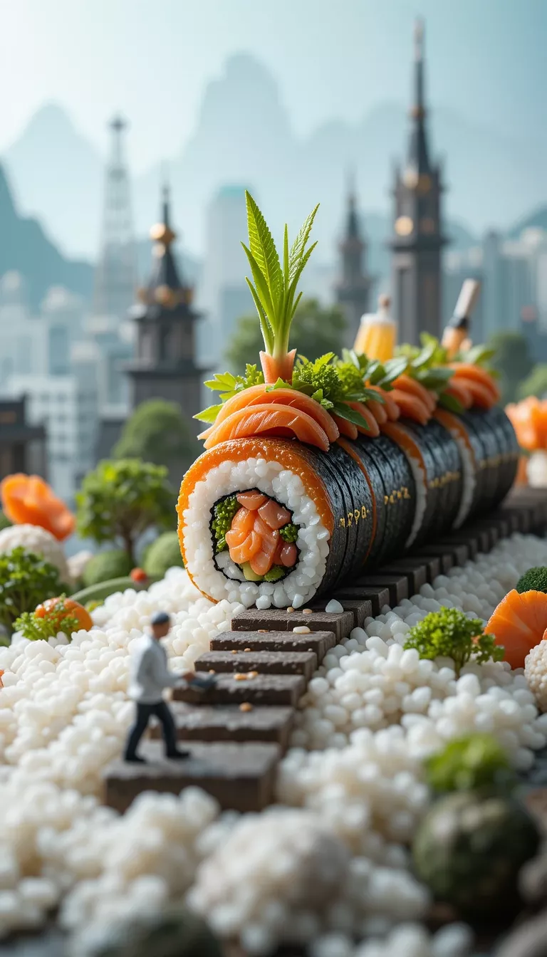 Miniature chefs preparing a sushi roll the size of a train,