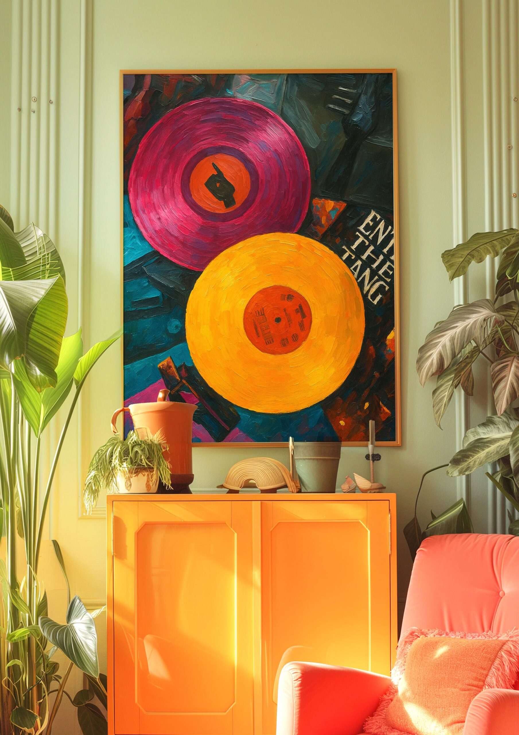 Impression d’art disque vinyle rose : décoration de chambre tendance de l’an 2000