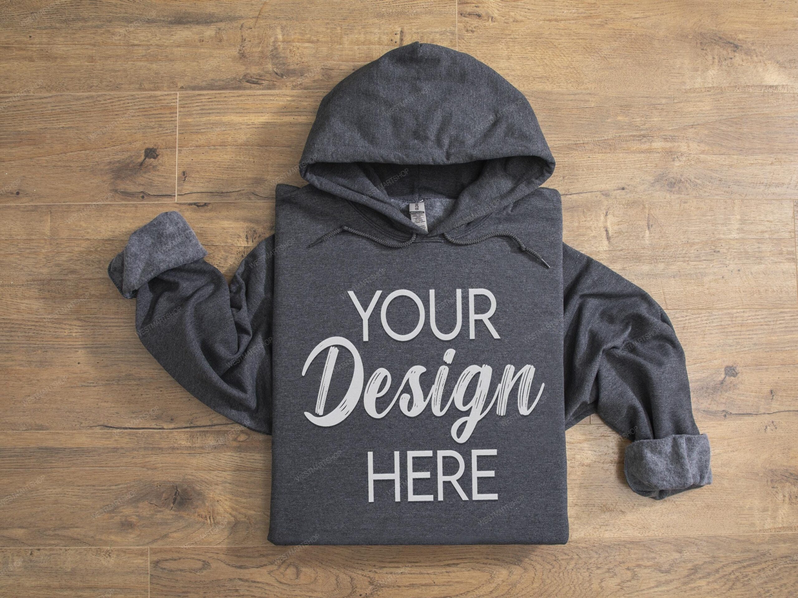 Sweat-shirt à capuche plié Gildan 18500 chiné foncé sur parquet, maquette de sweat à capuche Gildan, maquette de POD à plat G18500, pull à capuche à plat