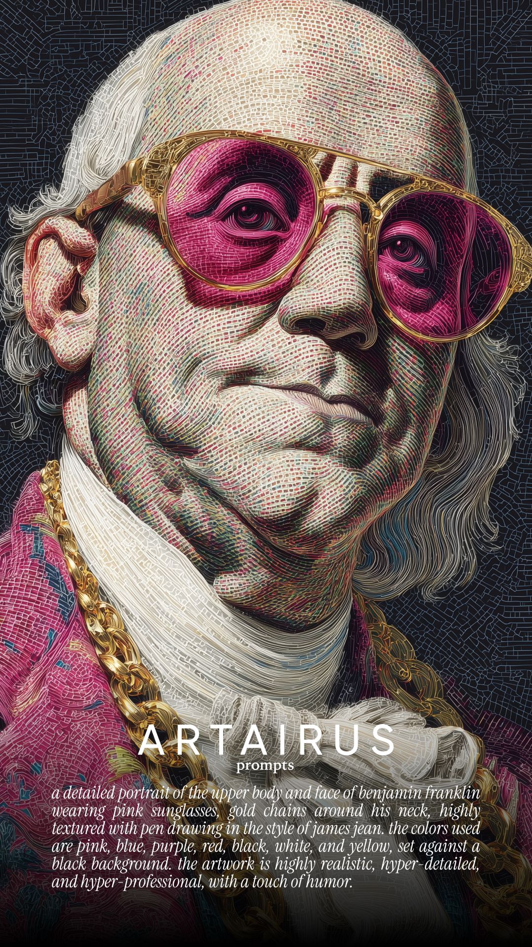 Cool Benjamin Franklin Portrait – Pink Sunglasses & Gold Chain in Colorful Line Art Style