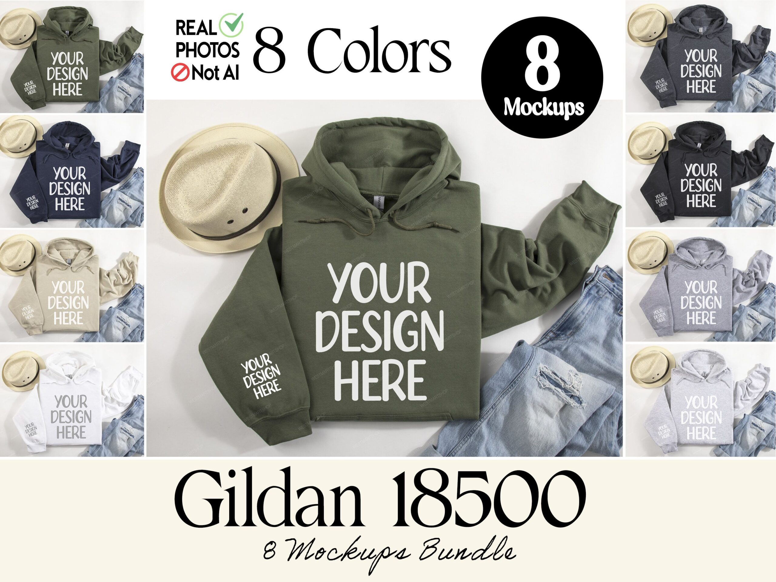 Lot de maquettes de sweat à capuche Gildan 18500, lot de maquettes de sweat à capuche plié à plat, sweat à capuche POD manche droite, maquettes de sweat à capuche poignets