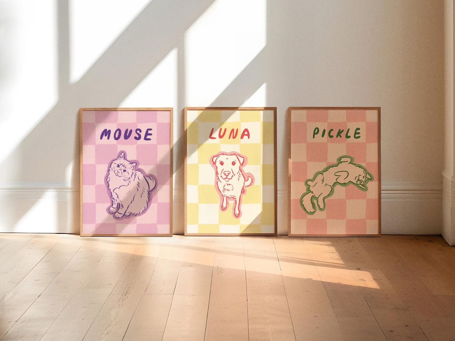 Retro Custom Cat Portrait, Funky Checkered Digital Pet Drawing, Cute Personalized Print, Trendy Aesthetic Wall Art, Fun Cat Mom Gift Idea – Etsy