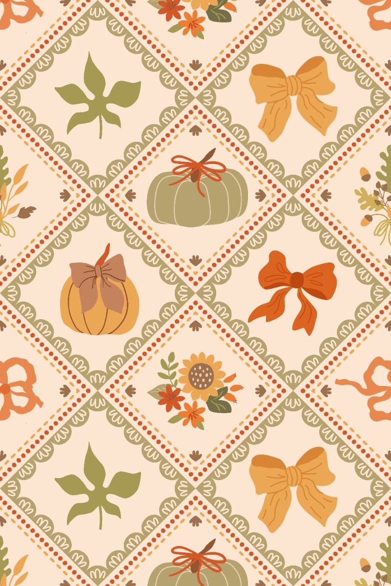 Ribbons and bows patchwork seamless pattern with autumn leaves, pumpkins. Thanksgiving day. Vector.