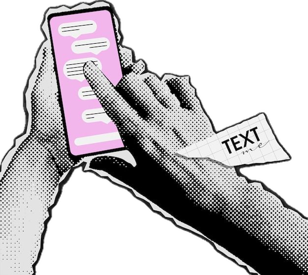 Colage de medio tono de manos de teléfonos inteligentes enviando mensajes por correspondencia telefónica en el teléfono retro | Vector Premium