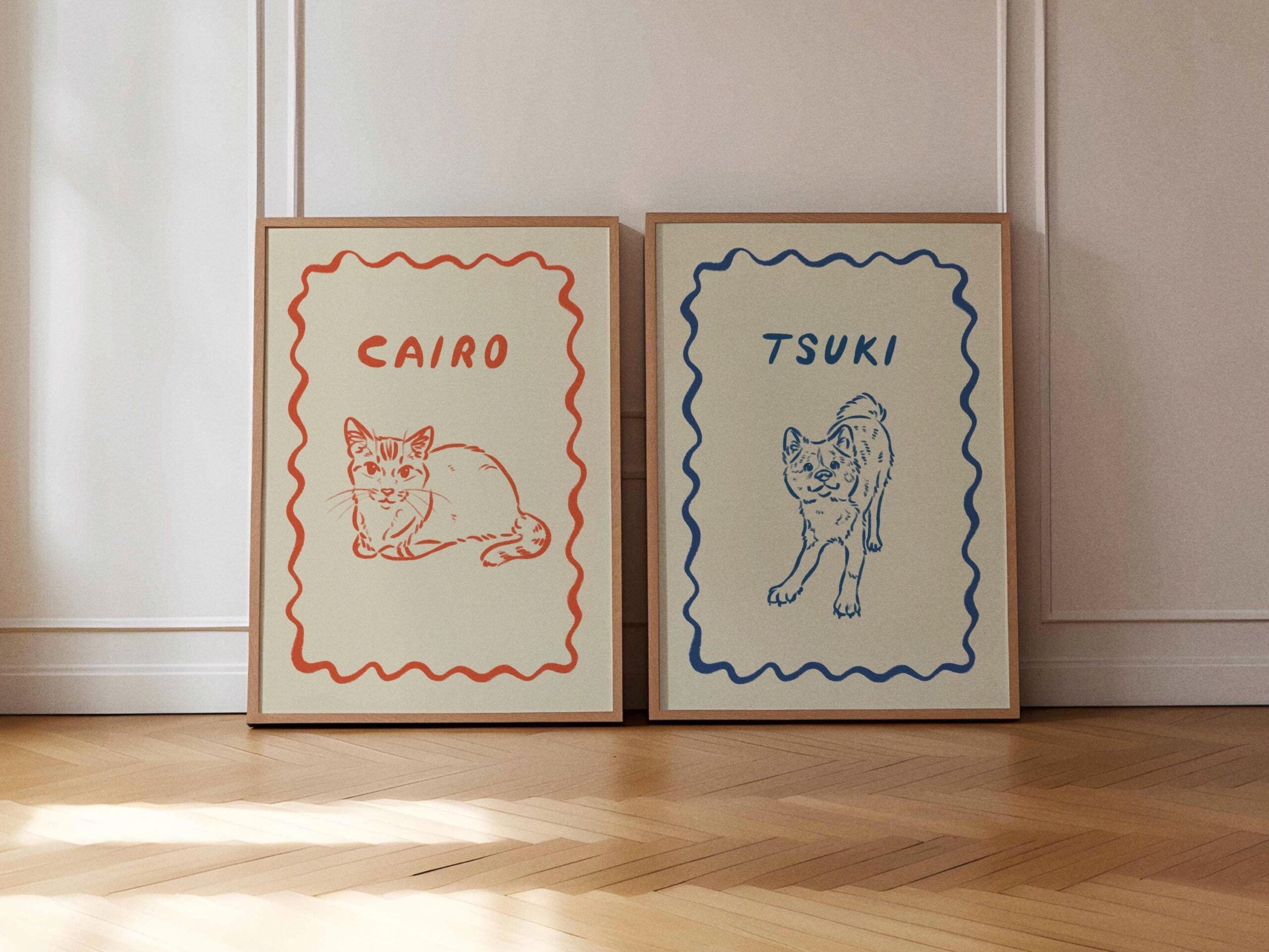 Custom Two Pet Portrait, Personalized Digital Poster, Retro Funky Animal Print, Modern Cat and Dog Illustration, Unique Gift for Fog Mom