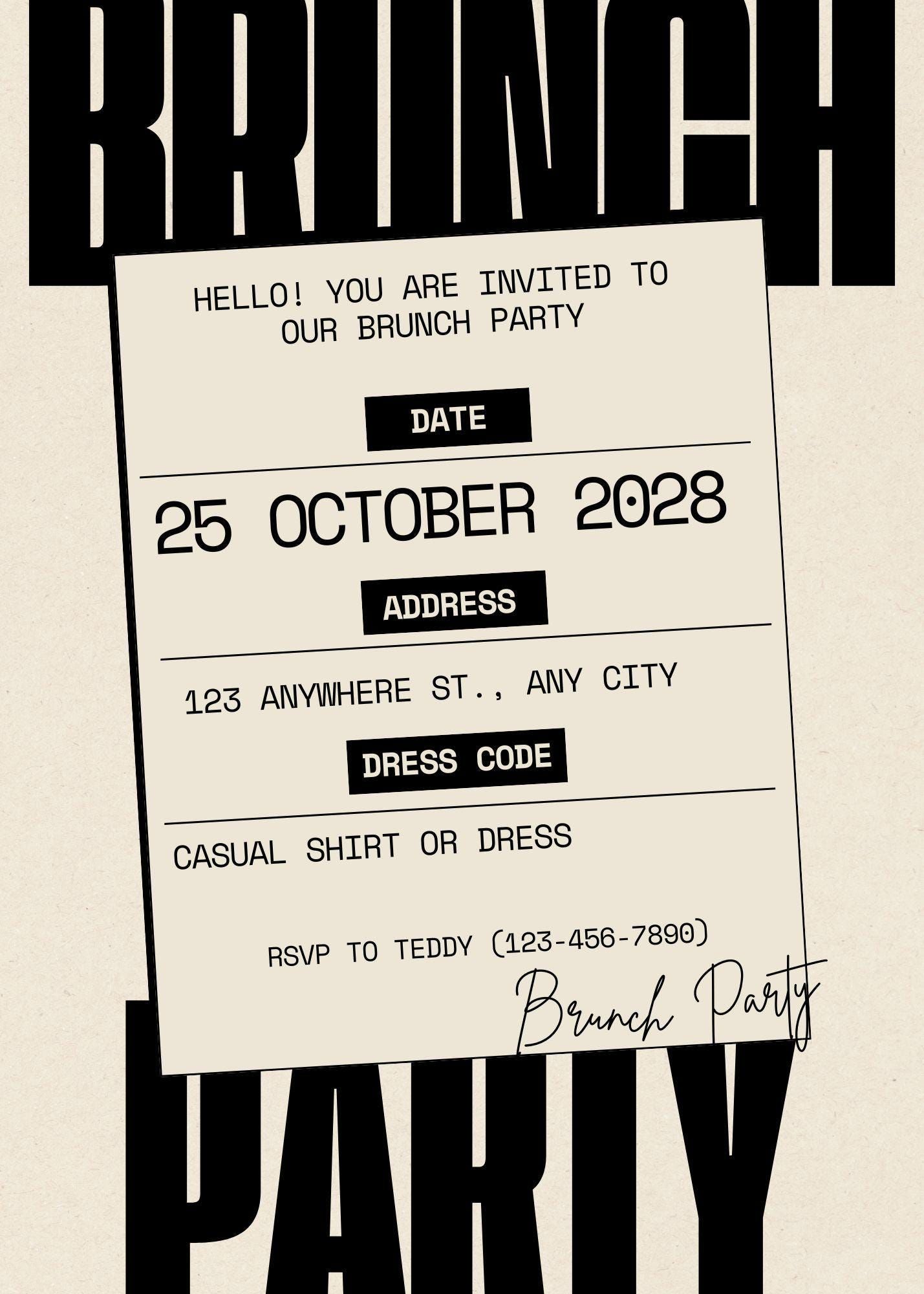 Brunch Pary Invitation (Customizable Canva template)- Black and white theme