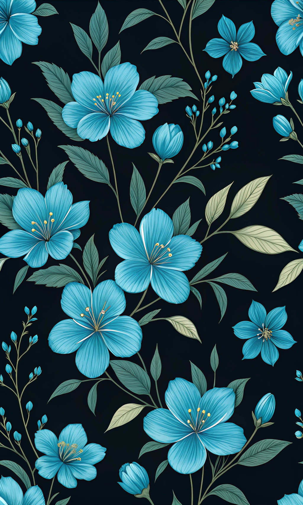 Azure Flowers on Black – Seamless Pattern