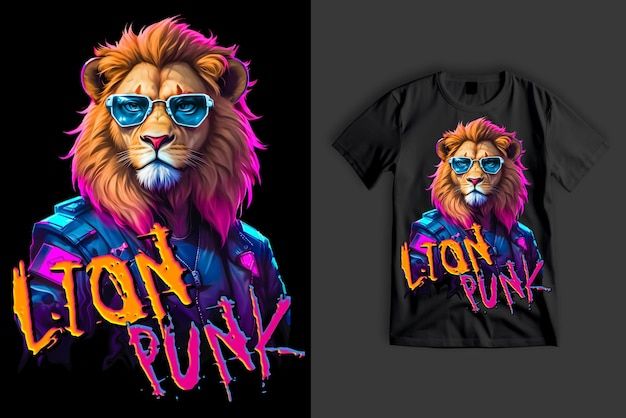 Lion punk cool lion wearing blue glasses neon style cyberpunk t shirt design for dtf or dtg | Premium AI-generated PSD