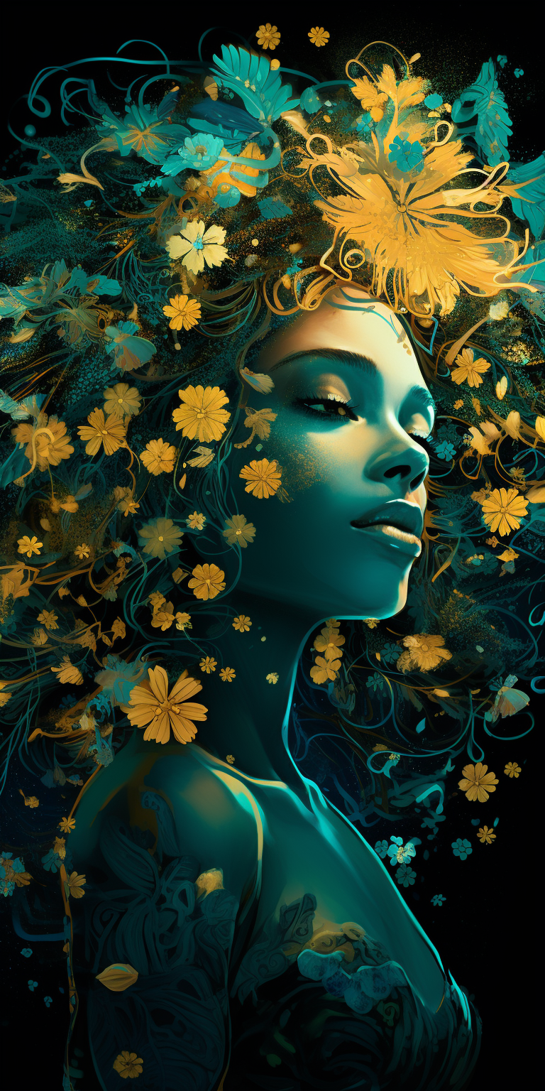 a woman with flowers in her hair