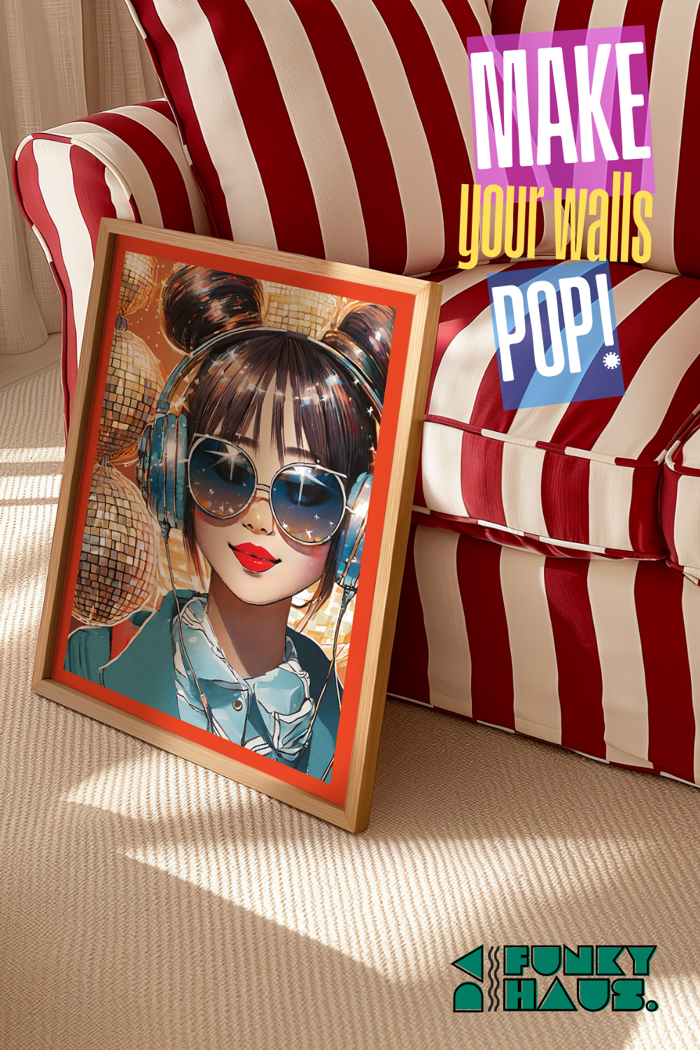 Disco Girl with Headphones Poster – Funky Music Art for Bedrooms & Parties