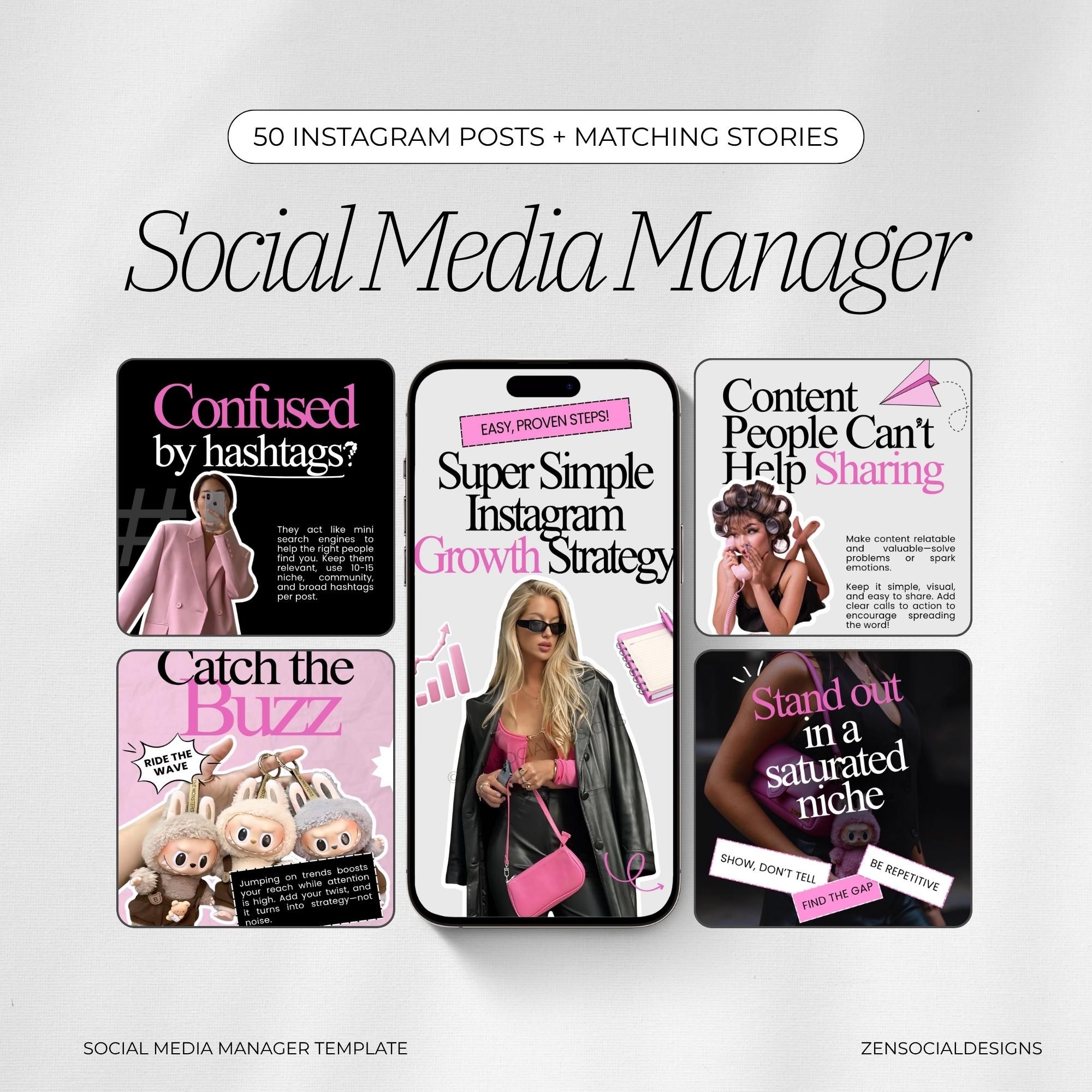 Modèles roses pour Instagram Social Media Manager | 50 articles et 50 histoires | Modèles de toile esthétiques pour les entraîneurs et les créateurs de contenu