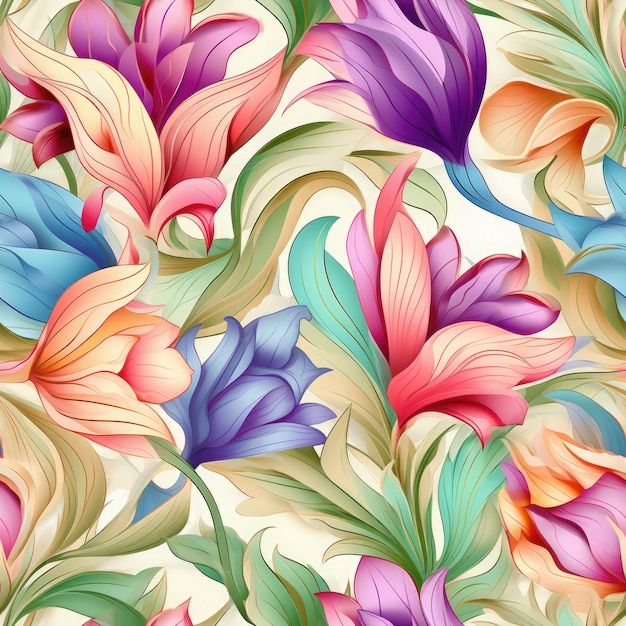 Delicate tulip blooms with swirling leaf elements seamless pattern ai generated | Premium AI-generated image