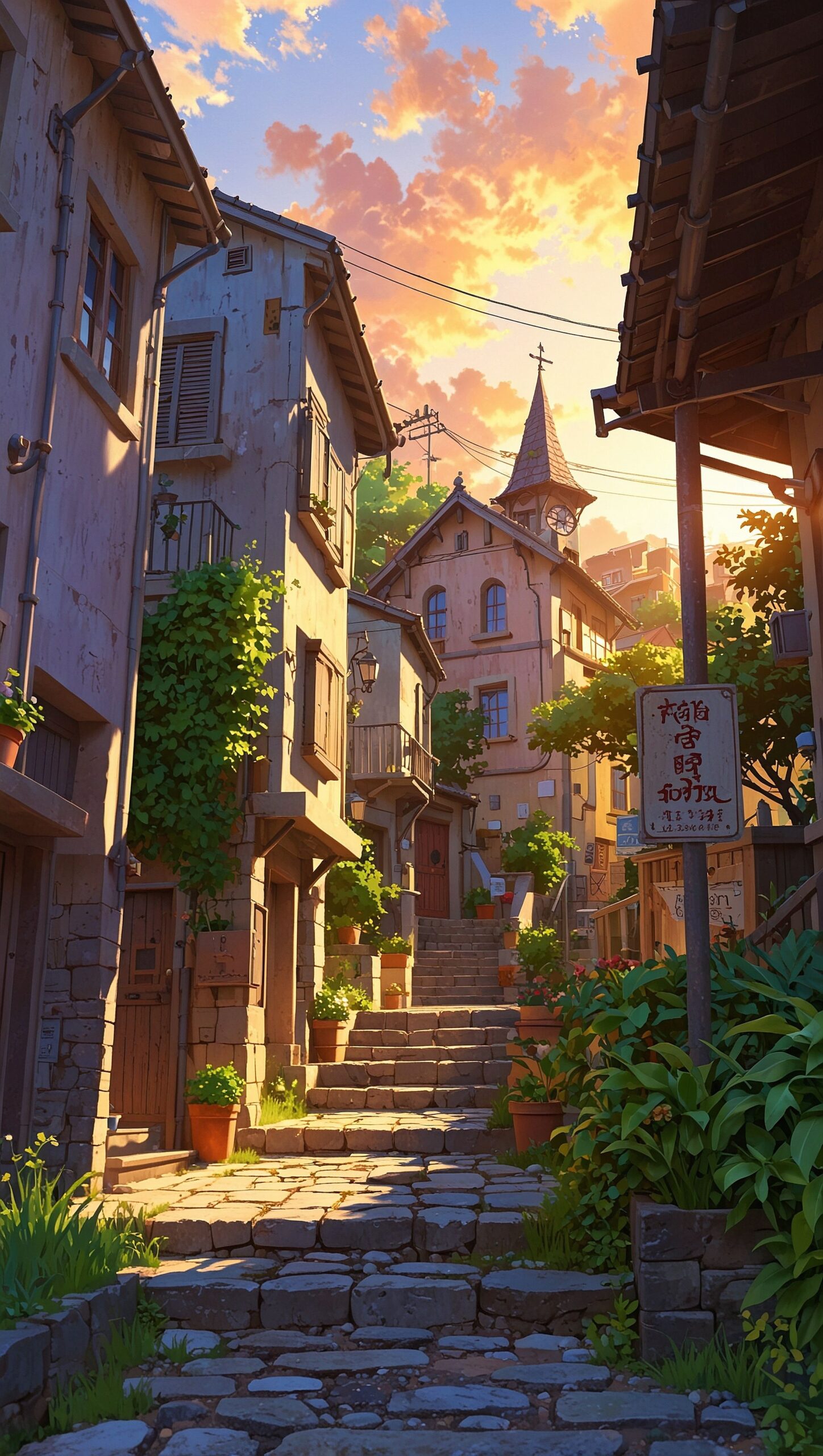 Enchanting Anime Sunset Town – Artistic Wallpaper
