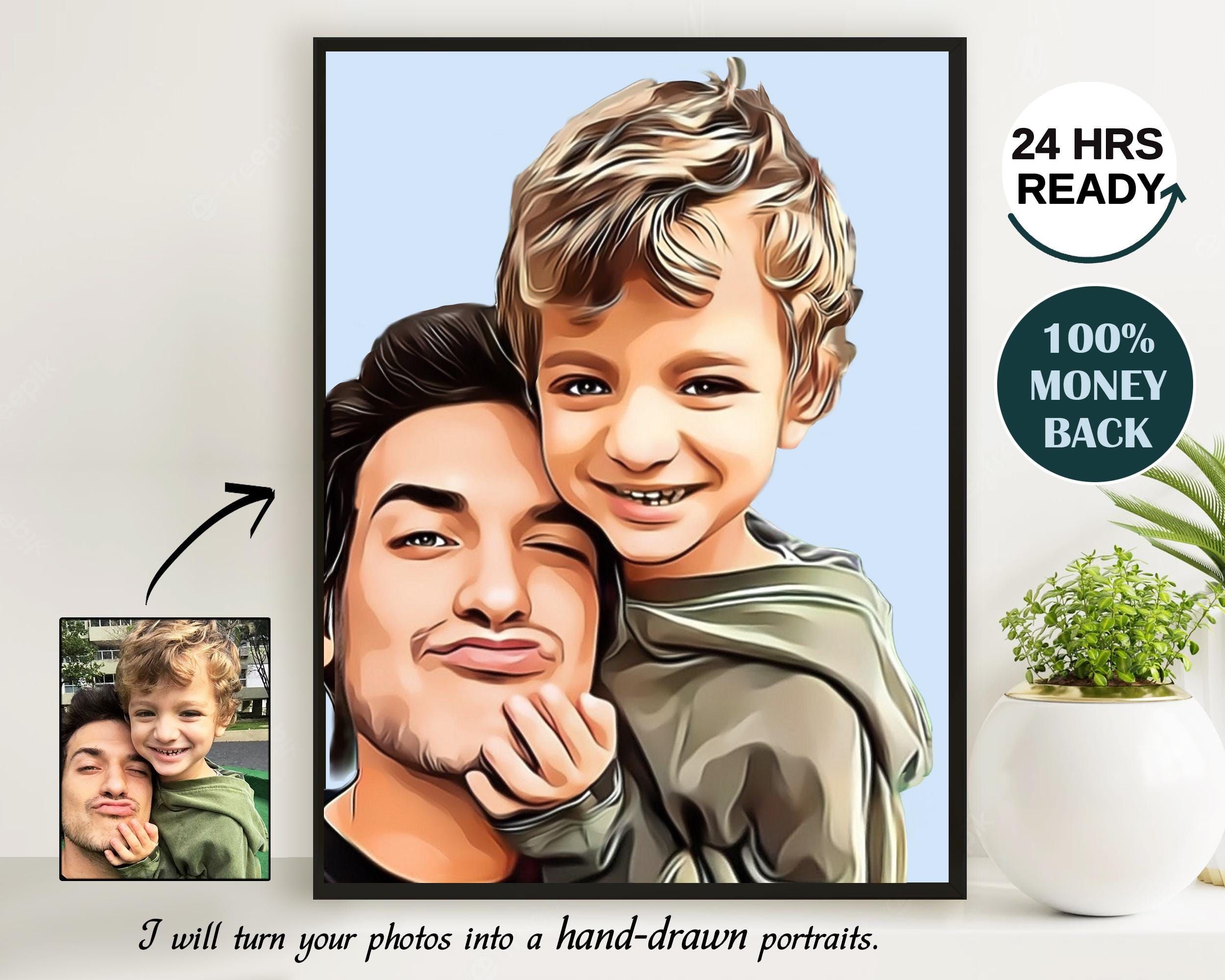 Portrait personnalisé à partir d’une photo – Illustration de papa personnalisée personnalisée – Cadeau de fête des pères pour lui de sa fille, épouse de la famille, cadeau d’anniversaire