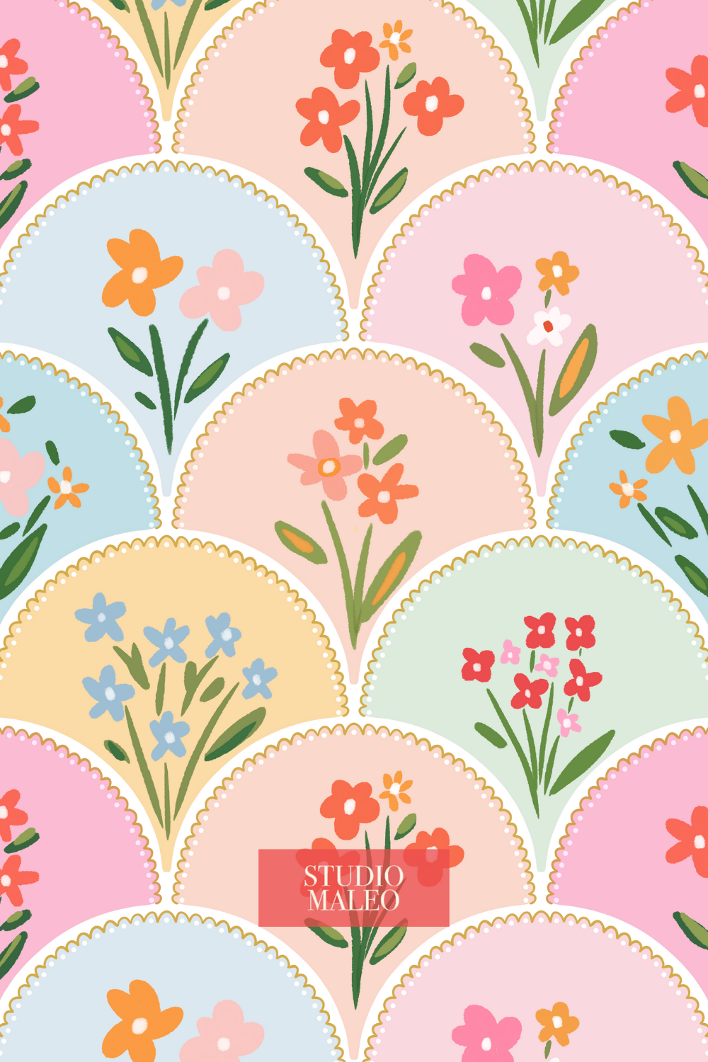 Fabric and Wallpaper – Retro pastel floral with vintage inspired colorful blossoms studiomaleo