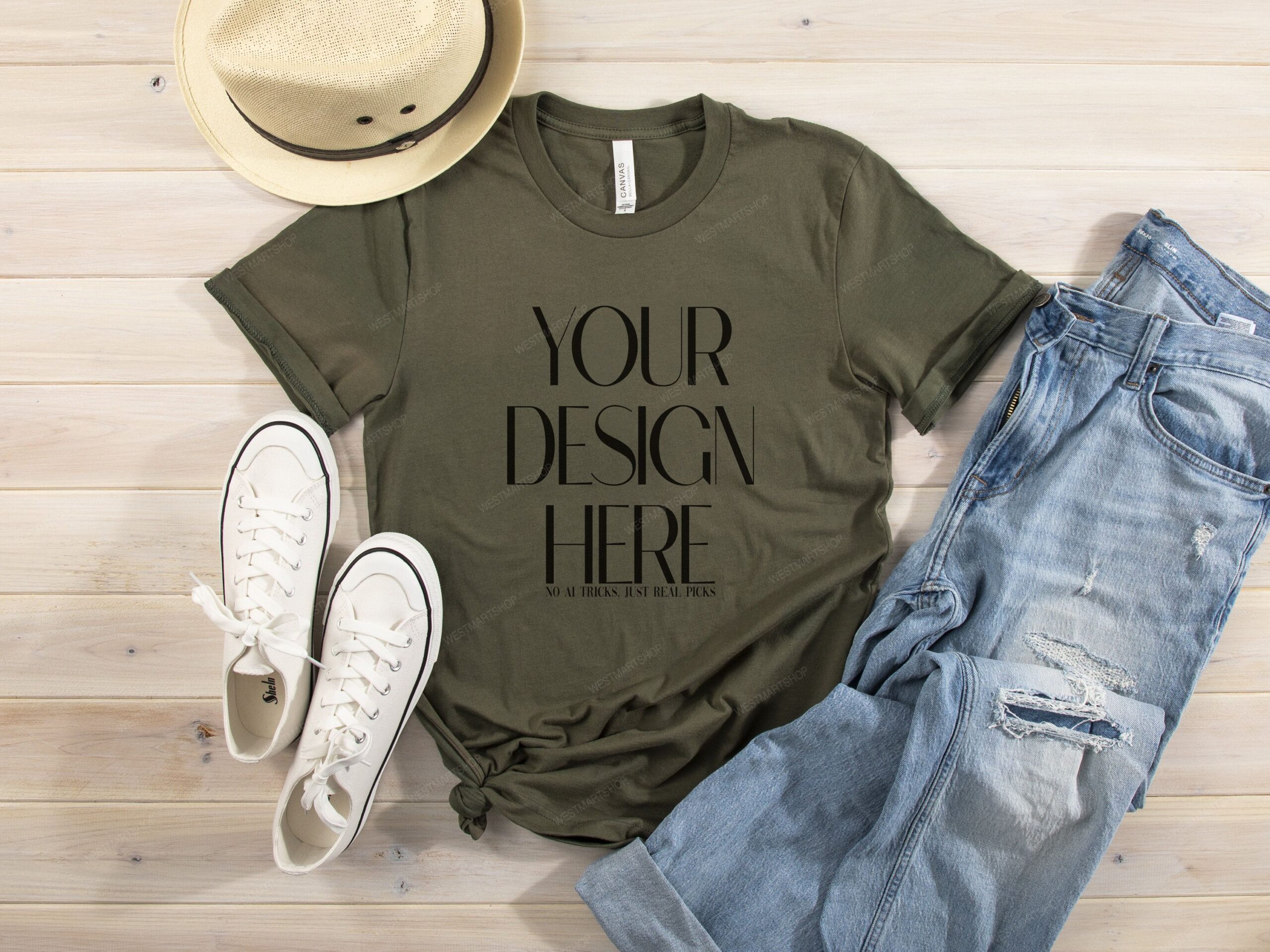 Maquette de toile Bella | 3001 Maquette de t-shirt vert militaire en toile Bella | Maquette à plat de style estival | T-shirt femme en toile Spring Bella