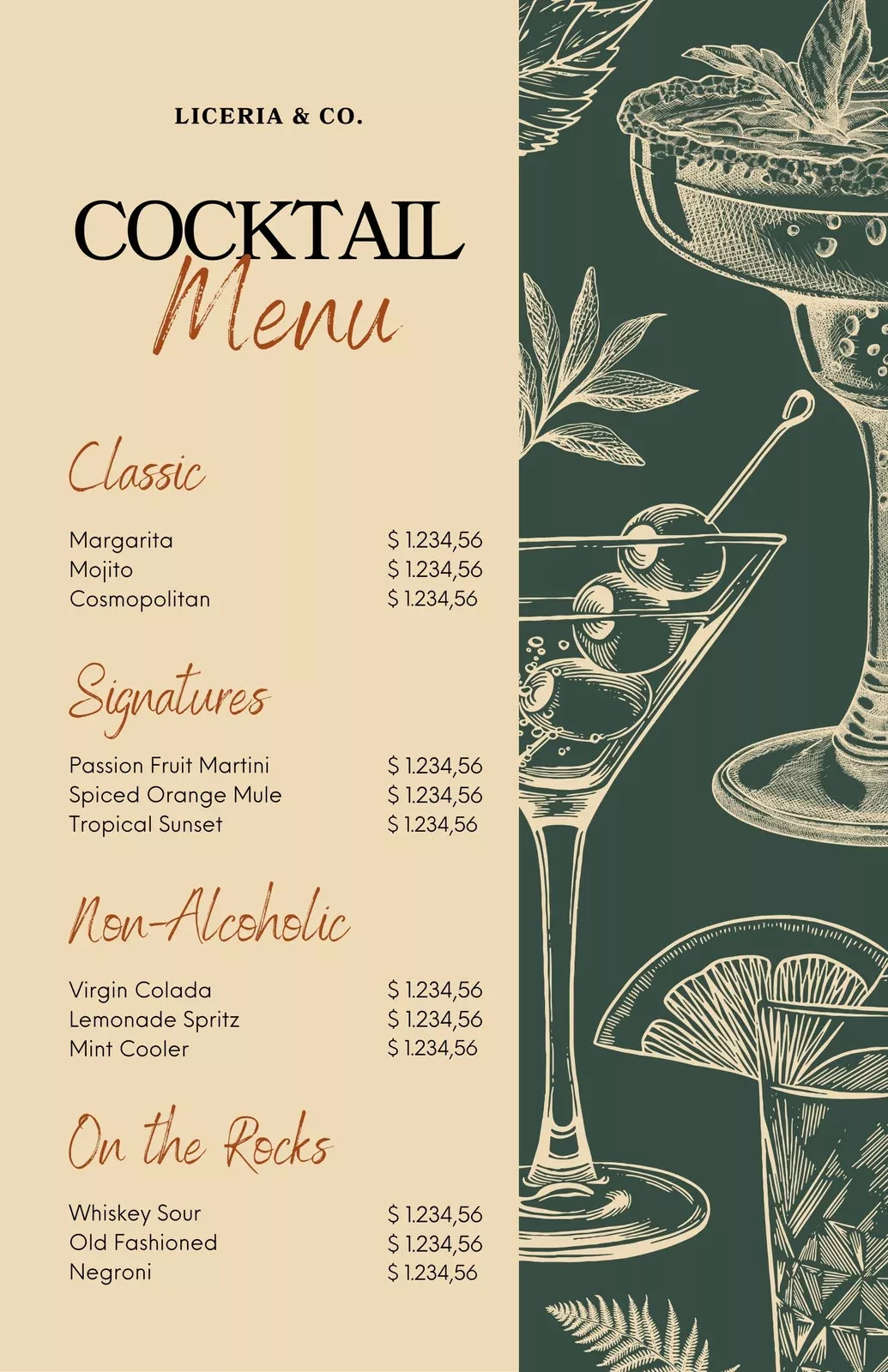 Illustrative Cocktail Menu Canva Template, Bar Menu Template, Signature Drinks, Cocktail Bar Menu