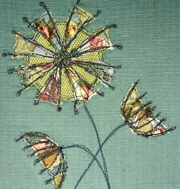 Three seedheads, mounted textile art, stylised, abstract seedheads, autumn colours,