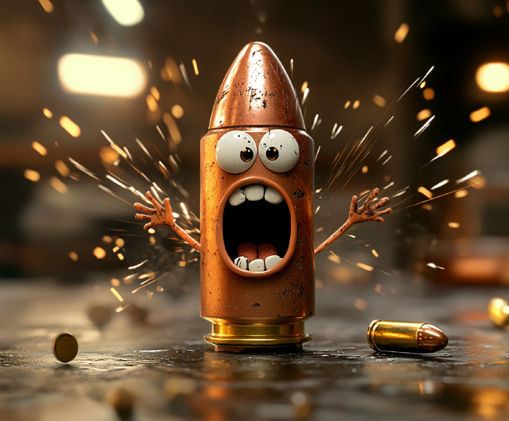 bullet with big eyes and little arms, looking surprised amidst sparks and other bullets.
