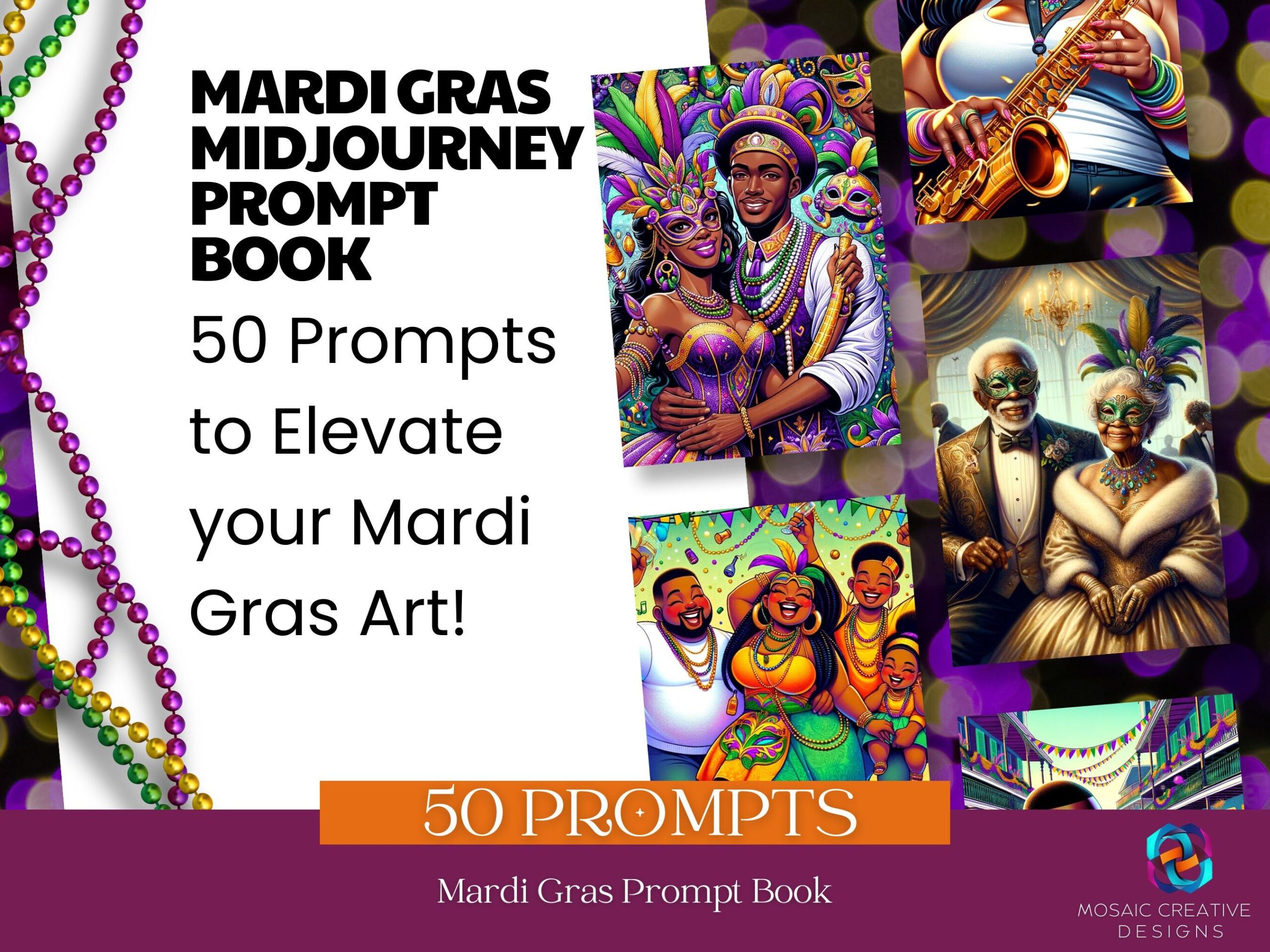 50 invites du mardi gras à mi-parcours | Livre Prompt Mardi Gras | Livre d’art et d’artisanat d’IA | Parfait pour les oeuvres d’art murales numériques, les POD et les décorations de fête