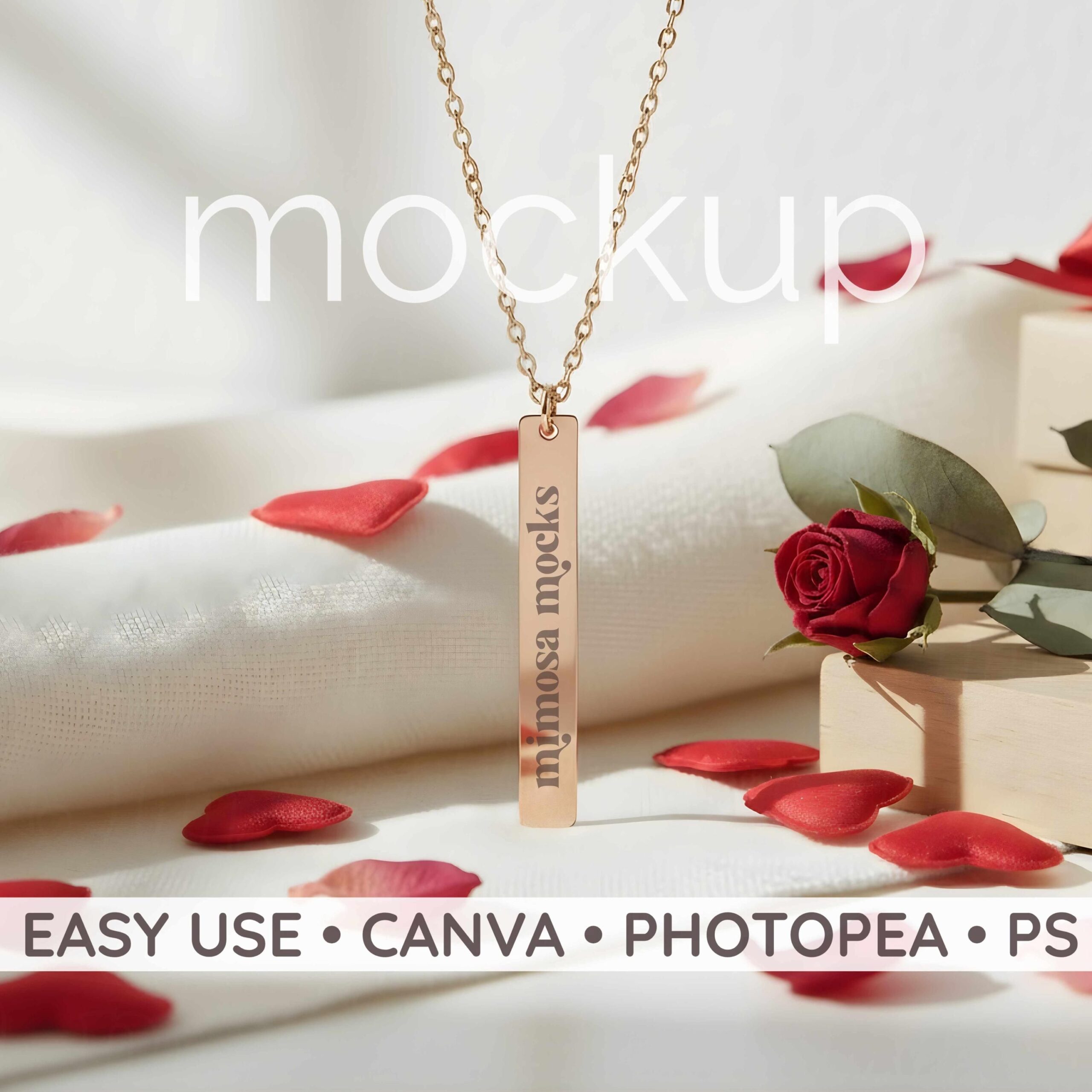 Collier à barre verticale maquette en or rose, maquette de bijoux en or POD, gravure de collier, impression de bijoux (PNG)