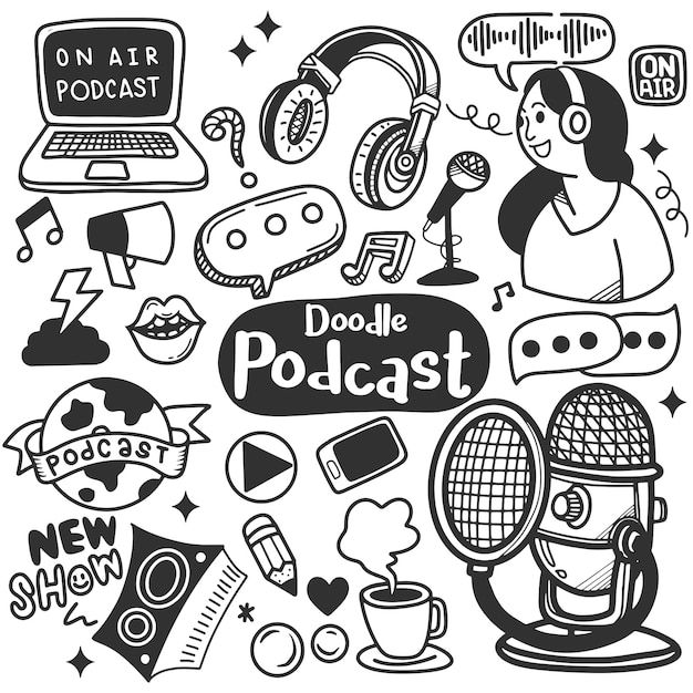 Podcast background set with handdrawn doodles objects related to podcasts | Premium Vector