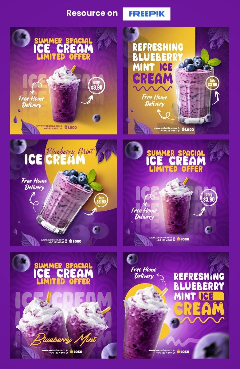 Blueberry ice cream social media post and Instagram design set