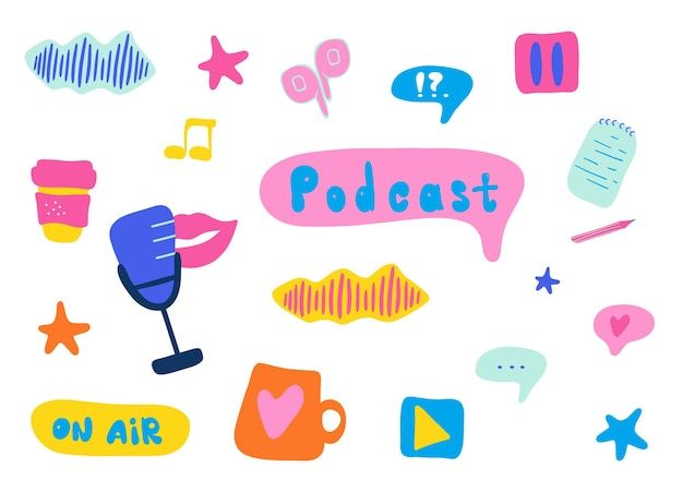 Podcast cartoon design graphic elements set digital vector illustration for online broadcast | Premium Vector