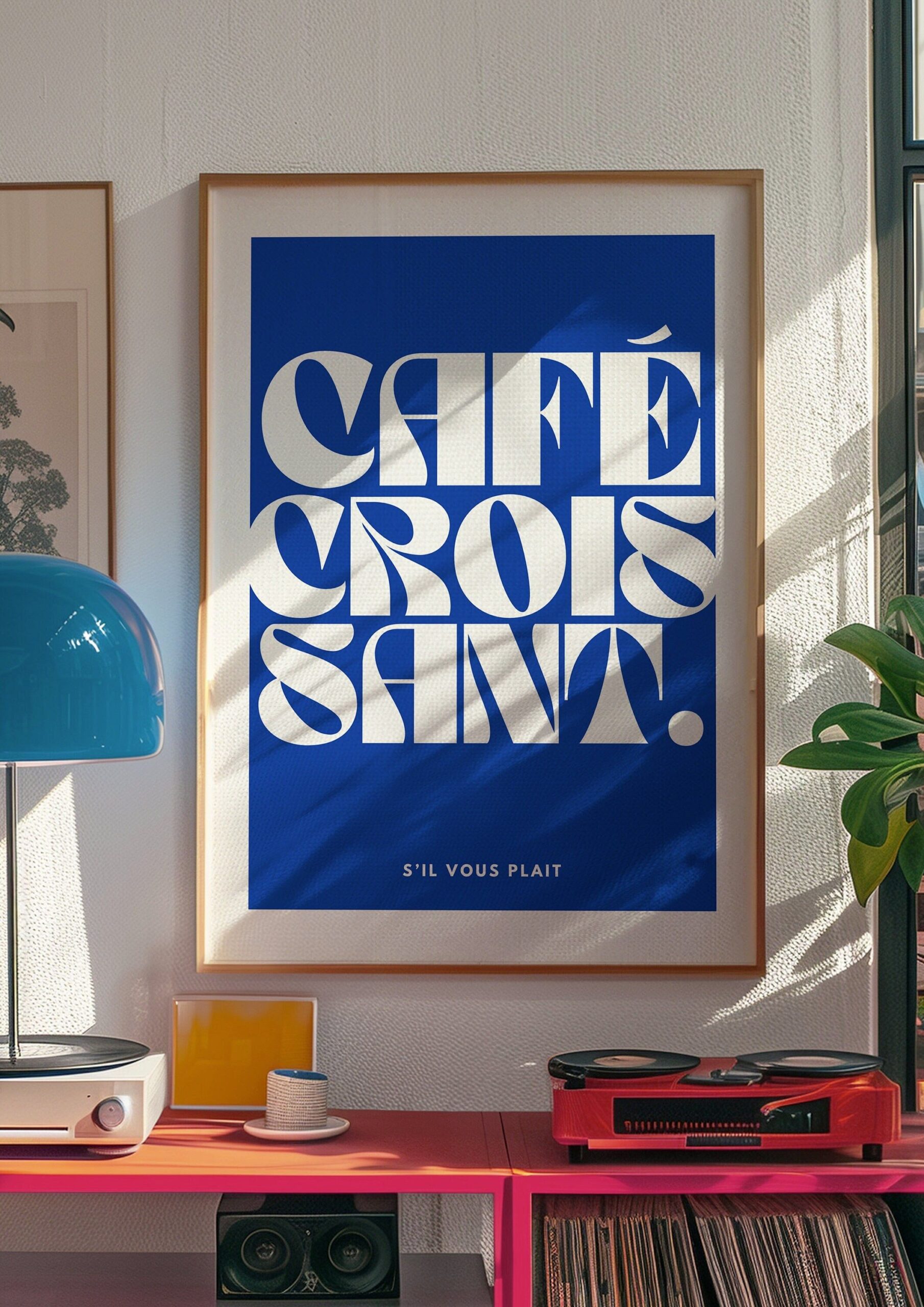 Poster amateur de café, café croissant s’il vous plait, illustration numérique imprimée en français, décoration de cuisine, club de café, petit déjeuner croissant