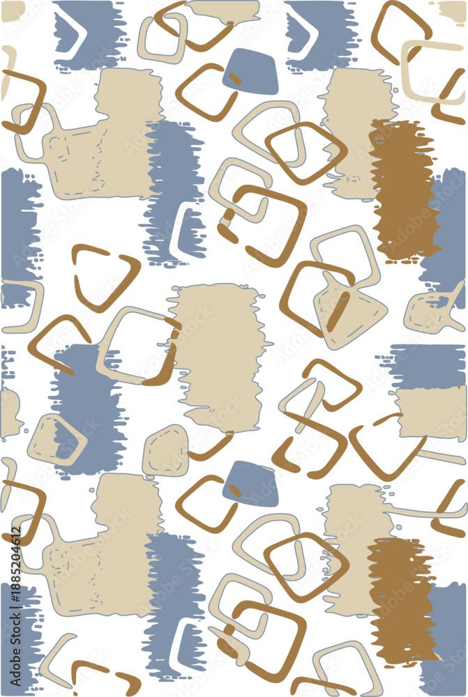 Trendy seamless pattern featuring sketchy squares and rough blue brush strokes. This modern geometri