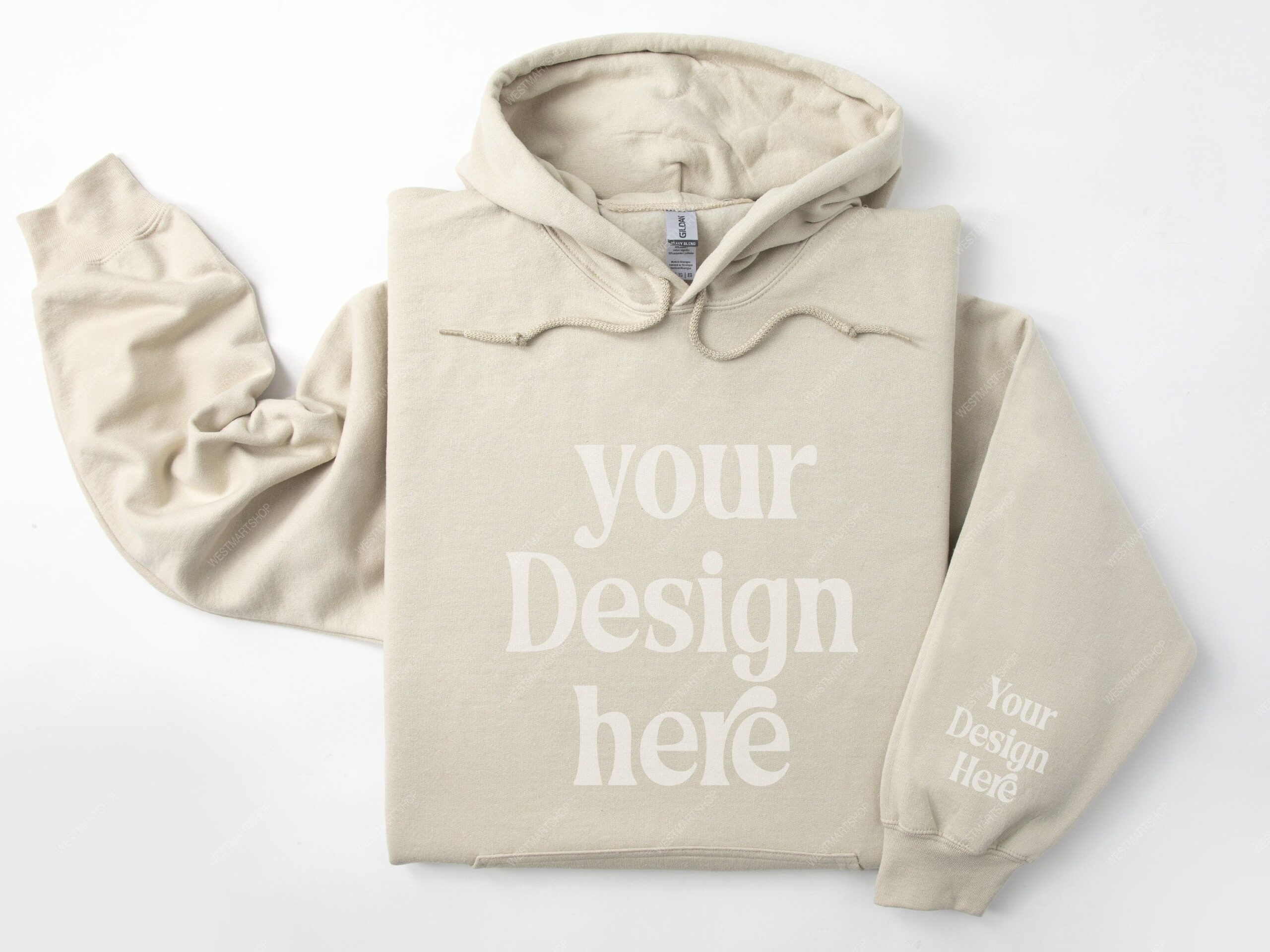Maquette à capuche Gildan 18500 sable, maquette à capuche pliée, maquette de manche Gildan 18500, maquette de manche à capuche, modèle photo à capuche