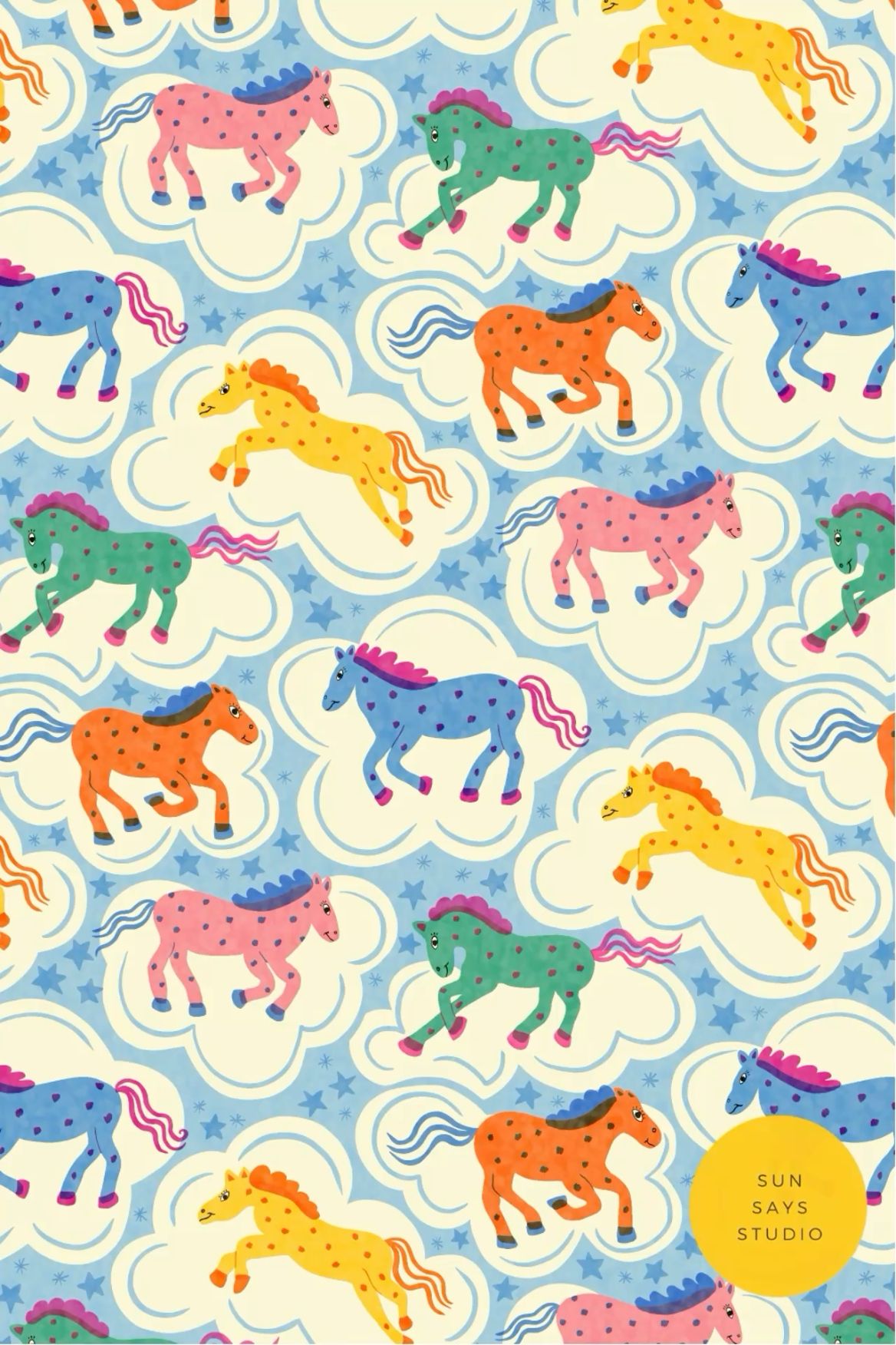 Horses in the clouds. A colorful, joyous and naive kids pattern with a hint of nostalgia.