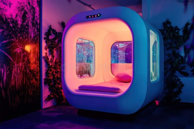 Futuristic sleep pod featuring vibrant ambient lighting in a sleek modern interior royal