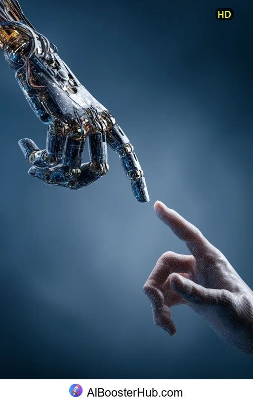 Midjourney:  Robotic and human hands reaching, contrasting technology and humanity.
