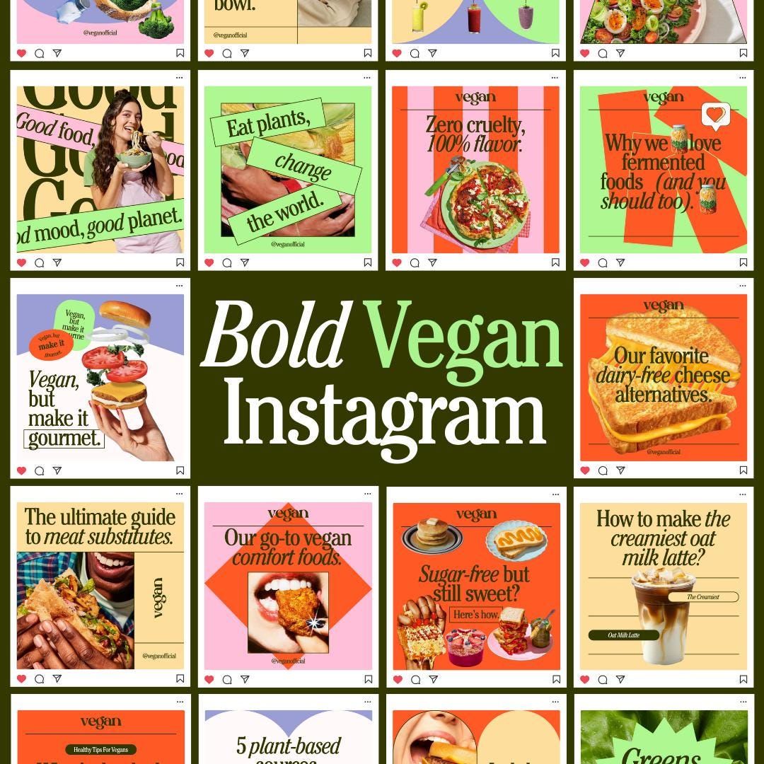 Modèles de publication Instagram végane et végane, esthétiques pop, modèles de toile de médias sociaux pour les marques d’alimentation et de bien-être, image de marque lumineuse modifiable