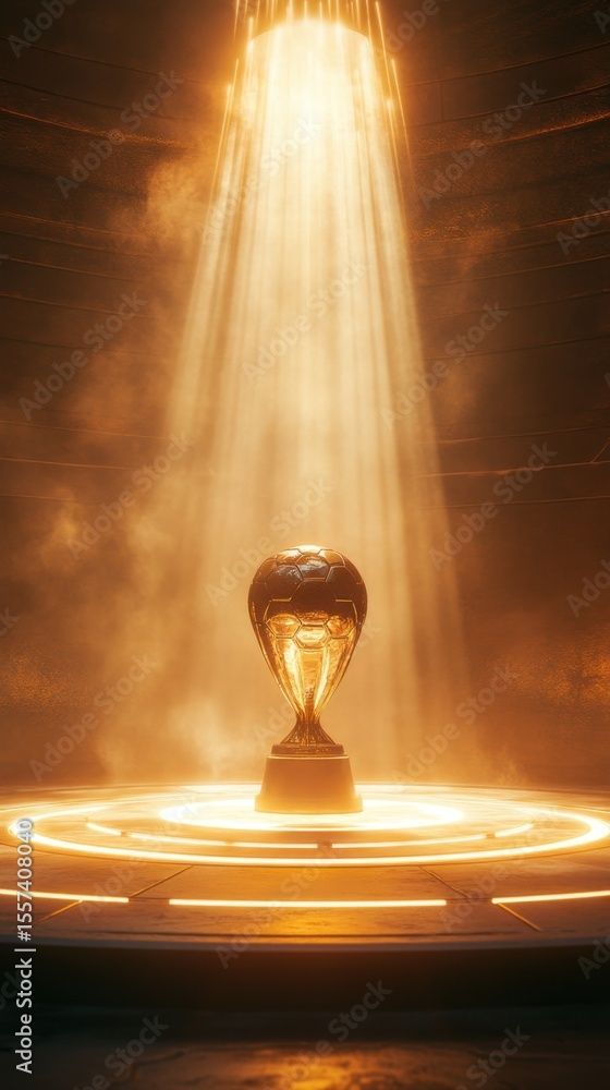Golden trophy award ceremony with spotlight and glowing rings for championship success winner