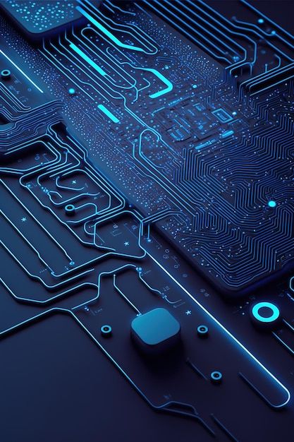 Image of computer circuit board and blue light trails on dark background | Premium AI-generated image