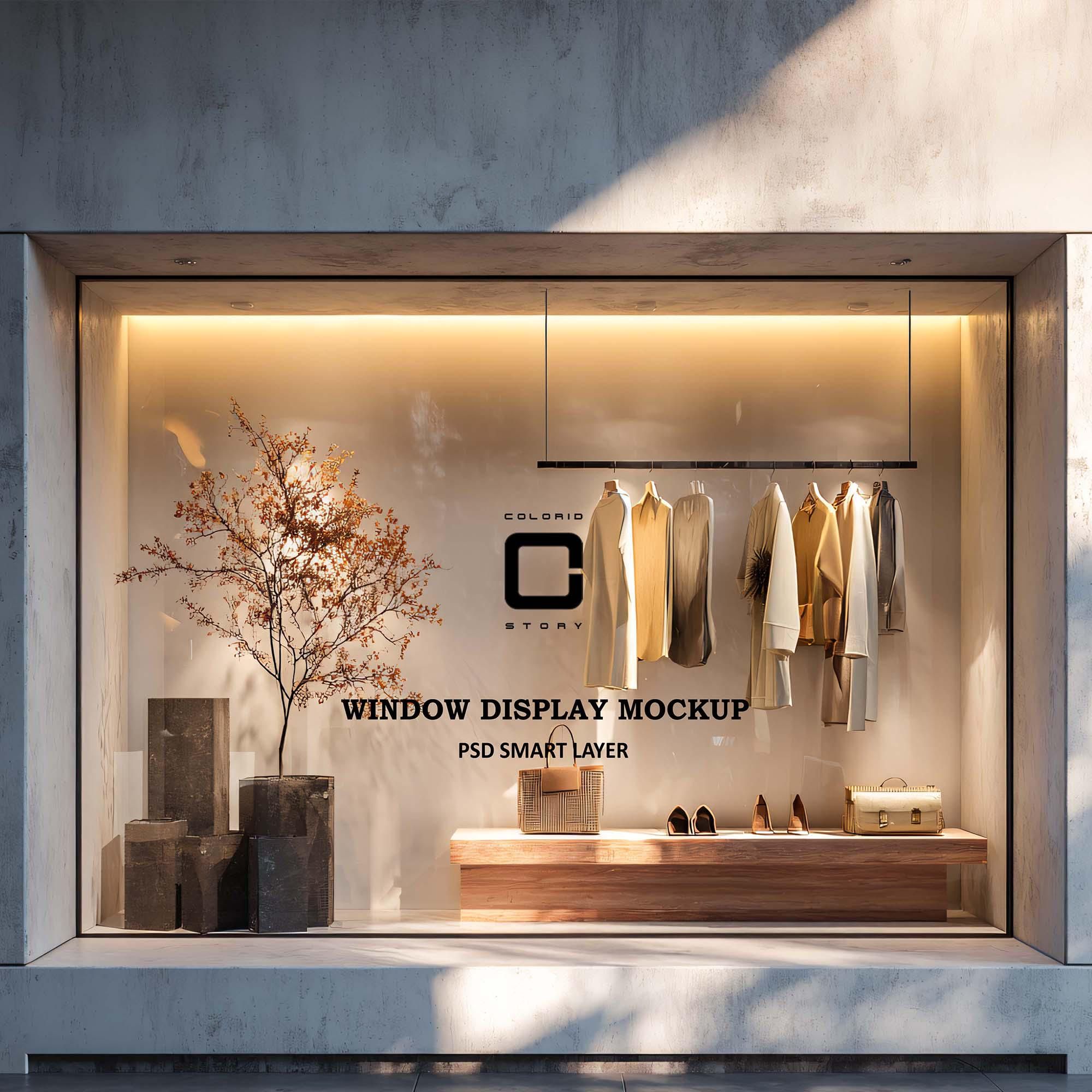 Maquette de vitrine de boutique de mode, modèle d’affiche de devanture pour une marque de commerce de détail, logo, conception de magasin de détail et de magasin de mode, annonce marketing