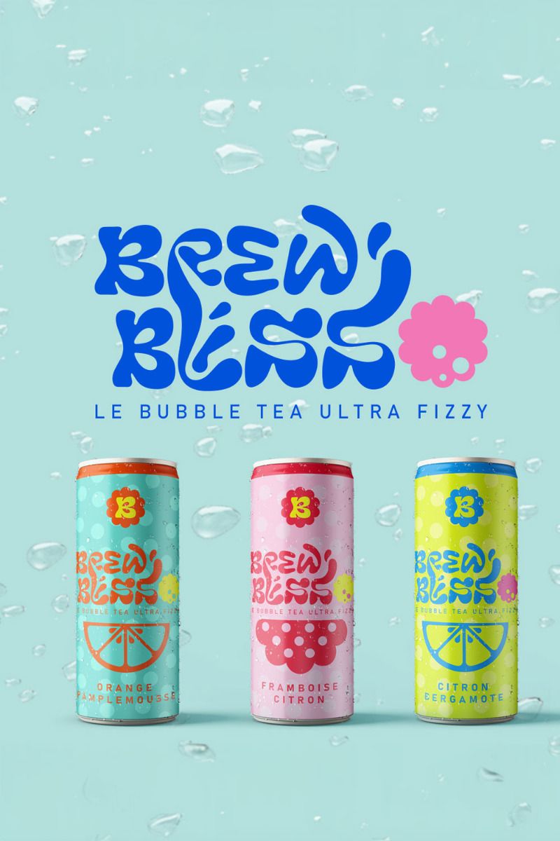 Canettes et Identité visuelle complète de la marque de bubble tea “BrewBliss”
