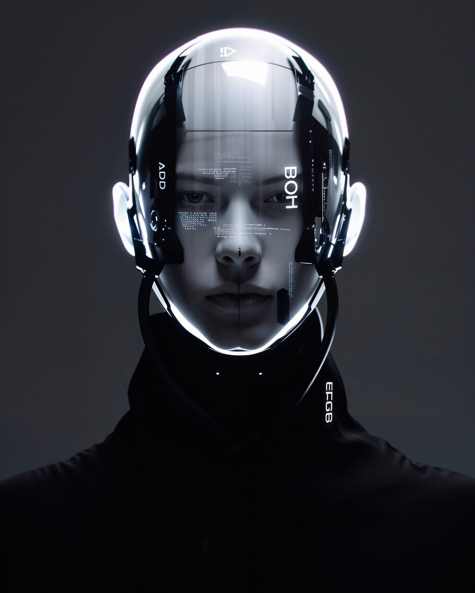 Futuristic Cybernetic Concept Featuring High-Tech Helmet with Digital Visual Interface