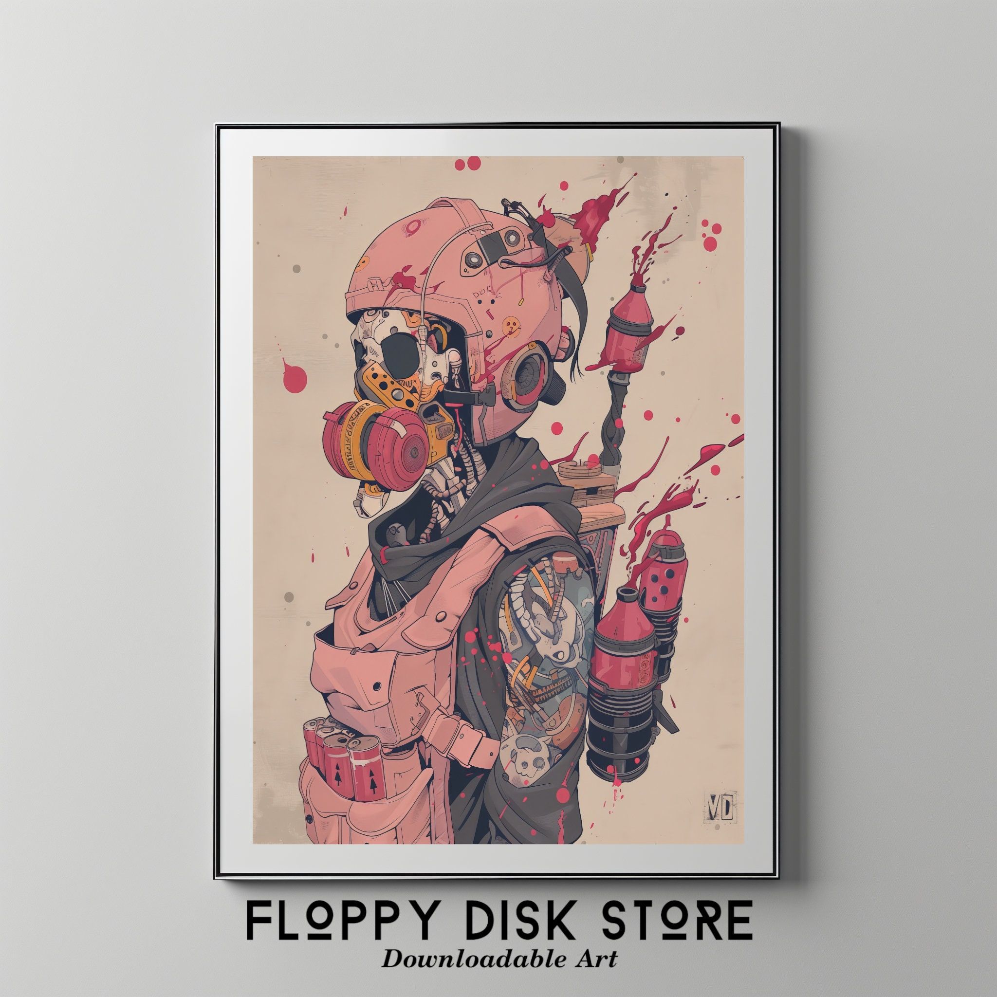 Homme tatoué cyberpunk avec masque technologique futuriste | Art imprimable téléchargeable dans le magasin de disquettes