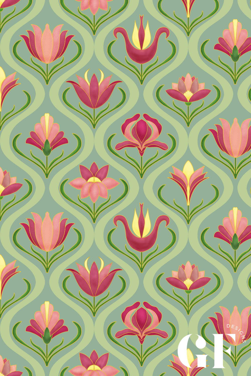 Art Nouveau Multi Floral Ogee Fabric, Wallpaper and Home Decor