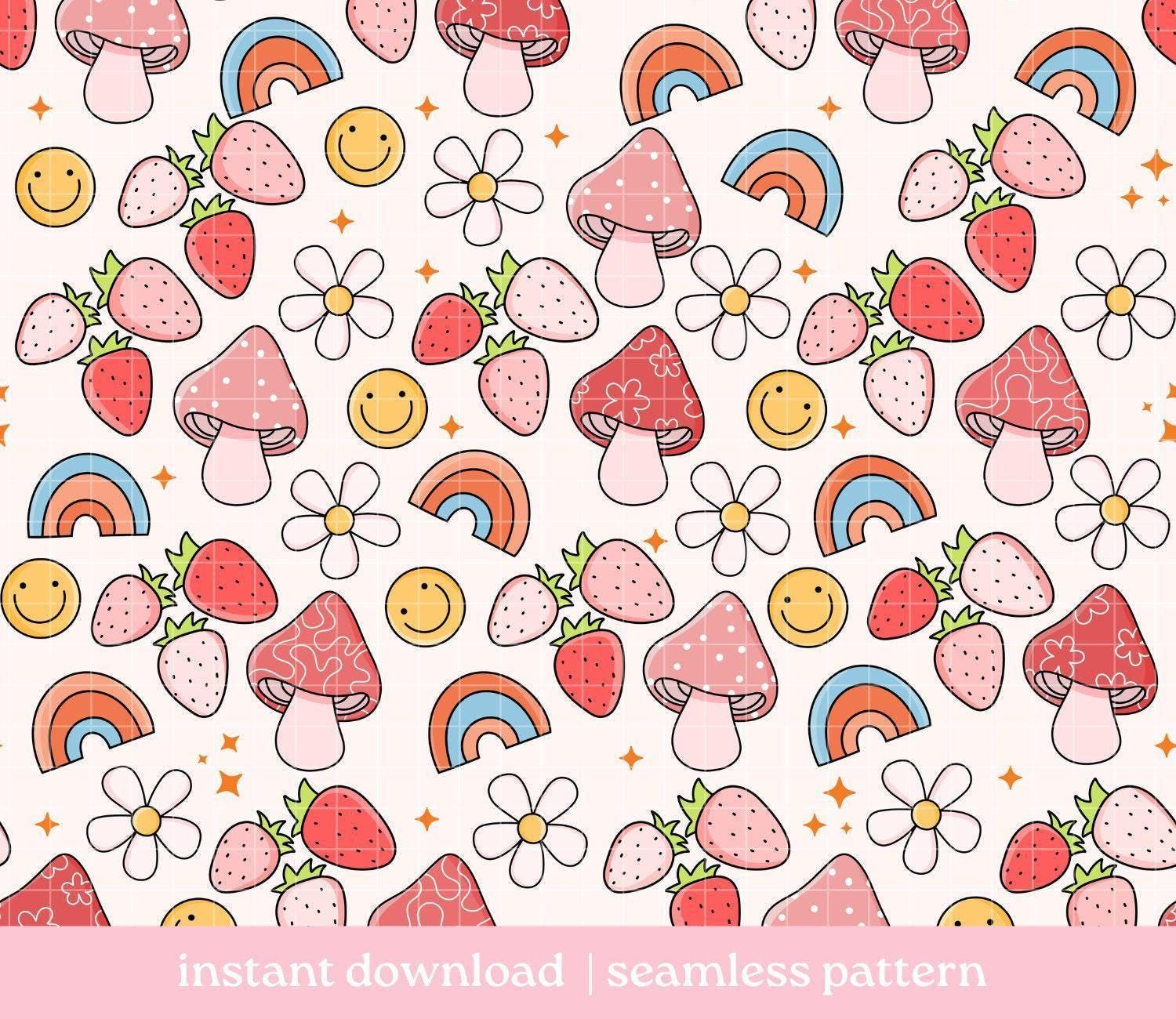 Heureux motif sans couture, champignon arc-en-ciel sourire fleur fraise Doodle motif, téléchargement numérique, motif sans couture, motif de répétition