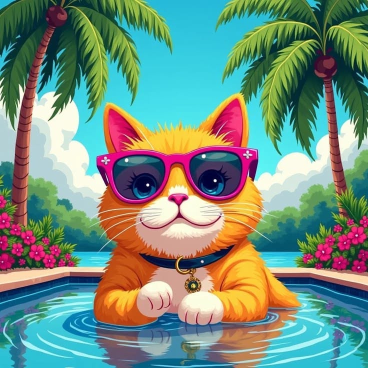 AI Generated Art Instant Download – Chill Vibes: Cat in Sunglasses by the Pool