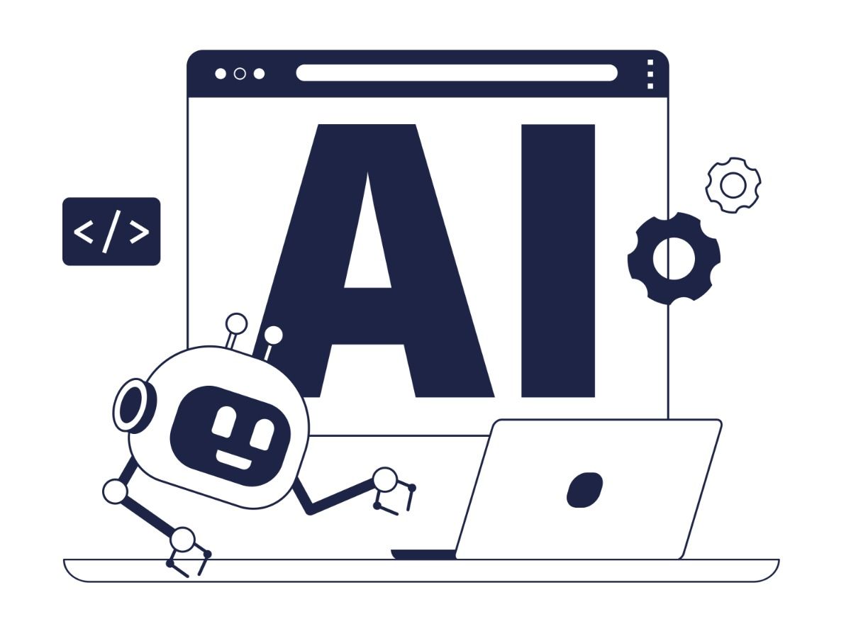 Lettering AI with robot head, code sign and gears text